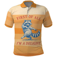 First Of All Raccoon Humor Polo Shirt with Vintage Orange Stripes