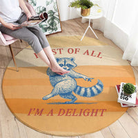 First Of All Raccoon Humor Round Carpet with Vintage Orange Stripes