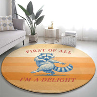 First Of All Raccoon Humor Round Carpet with Vintage Orange Stripes