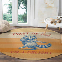 First Of All Raccoon Humor Round Carpet with Vintage Orange Stripes