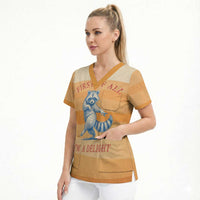 First Of All Raccoon Humor Scrub Top with Vintage Orange Stripes
