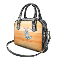 First Of All Raccoon Humor Shoulder Handbag with Vintage Orange Stripes