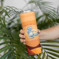 First Of All Raccoon Humor Skinny Tumbler with Vintage Orange Stripes