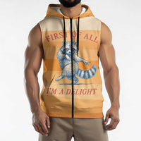 First Of All Raccoon Humor Sleeveless Zip Hoodie with Vintage Orange Stripes