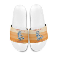 First Of All Raccoon Humor Slide Sandals with Vintage Orange Stripes