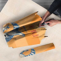 First Of All Raccoon Humor Umbrella with Vintage Orange Stripes