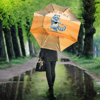 First Of All Raccoon Humor Umbrella with Vintage Orange Stripes