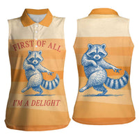 First Of All Raccoon Humor Women Sleeveless Polo Shirt with Vintage Orange Stripes