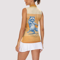 First Of All Raccoon Humor Women Sleeveless Polo Shirt with Vintage Orange Stripes