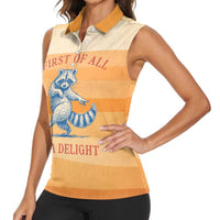 First Of All Raccoon Humor Women Sleeveless Polo Shirt with Vintage Orange Stripes