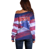 Benito Bowl Fan Gear Off Shoulder Sweater with Puerto Rican Flag Football Graphic