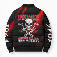 Boomer Generation Bomber Puffer Jacket with Skull Crossbones and Grunge Streak Pattern