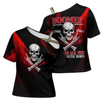 Boomer Generation Cross Shoulder Shirt with Skull Crossbones and Grunge Streak Pattern
