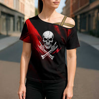 Boomer Generation Cross Shoulder Shirt with Skull Crossbones and Grunge Streak Pattern