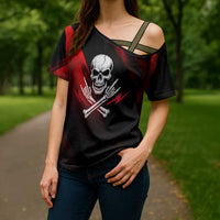 Boomer Generation Cross Shoulder Shirt with Skull Crossbones and Grunge Streak Pattern