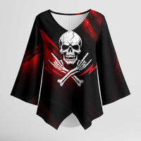 Boomer Generation Kimono Sleeve Blouse with Skull Crossbones and Grunge Streak Pattern