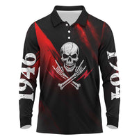 Boomer Generation Long Sleeve Polo Shirt with Skull Crossbones and Grunge Streak Pattern