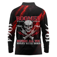 Boomer Generation Long Sleeve Polo Shirt with Skull Crossbones and Grunge Streak Pattern