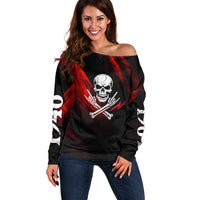 Boomer Generation Off Shoulder Sweater with Skull Crossbones and Grunge Streak Pattern