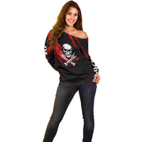 Boomer Generation Off Shoulder Sweater with Skull Crossbones and Grunge Streak Pattern