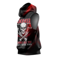 Boomer Generation Sleeveless Hoodie with Skull Crossbones and Grunge Streak Pattern