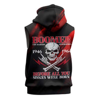 Boomer Generation Sleeveless Zip Hoodie with Skull Crossbones and Grunge Streak Pattern