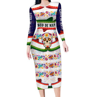 Cinco De Mayo Sugar Skull Mariachi Long Sleeve Bodycon Dress Mexican Fiesta Floral Skeleton Guitar Folk Art