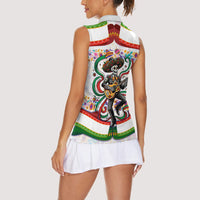 Cinco De Mayo Sugar Skull Mariachi Women Sleeveless Polo Shirt Mexican Fiesta Floral Skeleton Guitar Folk Art