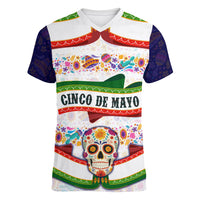 Cinco De Mayo Sugar Skull Mariachi Women V-Neck T-Shirt Mexican Fiesta Floral Skeleton Guitar Folk Art
