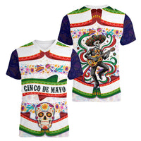 Cinco De Mayo Sugar Skull Mariachi Women V-Neck T-Shirt Mexican Fiesta Floral Skeleton Guitar Folk Art