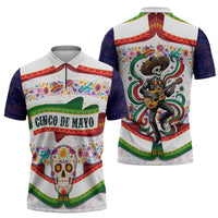 Cinco De Mayo Sugar Skull Mariachi Zipper Polo Shirt Mexican Fiesta Floral Skeleton Guitar Folk Art