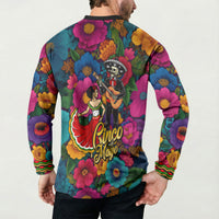 Cinco De Mayo Button Sweatshirt Mariachi Dancer - Vibrant Mexican Floral Fiesta Guitar Folk Art