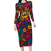 Cinco De Mayo Long Sleeve Bodycon Dress Mariachi Dancer - Vibrant Mexican Floral Fiesta Guitar Folk Art