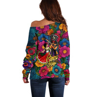 Cinco De Mayo Off Shoulder Sweater Mariachi Dancer - Vibrant Mexican Floral Fiesta Guitar Folk Art