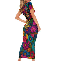Cinco De Mayo Short Sleeve Bodycon Dress Mariachi Dancer - Vibrant Mexican Floral Fiesta Guitar Folk Art