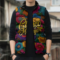 Cinco De Mayo Sleeveless Puffer Jacket Mariachi Dancer - Vibrant Mexican Floral Fiesta Guitar Folk Art