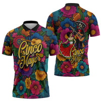Cinco De Mayo Zipper Polo Shirt Mariachi Dancer - Vibrant Mexican Floral Fiesta Guitar Folk Art
