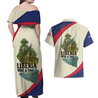 Liberia Wildlife Couples Matching Off Shoulder Maxi Dress and Hawaiian Shirt with African Safari and Ocean Marine Life Design