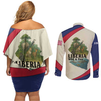 Liberia Wildlife Couples Matching Off Shoulder Short Dress and Long Sleeve Button Shirt with African Safari and Ocean Marine Life Design