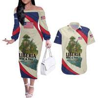 Liberia Wildlife Couples Matching Off The Shoulder Long Sleeve Dress and Hawaiian Shirt with African Safari and Ocean Marine Life Design