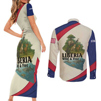 Liberia Wildlife Couples Matching Short Sleeve Bodycon Dress and Long Sleeve Button Shirt with African Safari and Ocean Marine Life Design