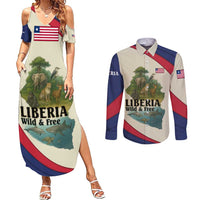 Liberia Wildlife Couples Matching Summer Maxi Dress and Long Sleeve Button Shirt with African Safari and Ocean Marine Life Design