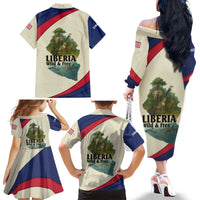 Liberia Wildlife Family Matching Off The Shoulder Long Sleeve Dress and Hawaiian Shirt with African Safari and Ocean Marine Life Design
