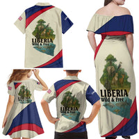 Liberia Wildlife Family Matching Off Shoulder Maxi Dress and Hawaiian Shirt with African Safari and Ocean Marine Life Design