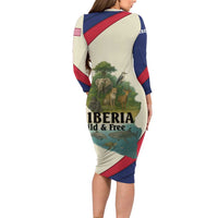 Liberia Wildlife Long Sleeve Bodycon Dress with African Safari and Ocean Marine Life Design