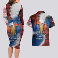 Liberia Elephant Power of Tradition Couples Matching Long Sleeve Bodycon Dress and Hawaiian Shirt with Tribal Red Blue Splash Pattern