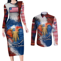 Liberia Elephant Power of Tradition Couples Matching Long Sleeve Bodycon Dress and Long Sleeve Button Shirt with Tribal Red Blue Splash Pattern
