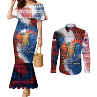 Liberia Elephant Power of Tradition Couples Matching Mermaid Dress and Long Sleeve Button Shirt with Tribal Red Blue Splash Pattern