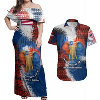 Liberia Elephant Power of Tradition Couples Matching Off Shoulder Maxi Dress and Hawaiian Shirt with Tribal Red Blue Splash Pattern