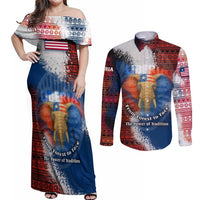 Liberia Elephant Power of Tradition Couples Matching Off Shoulder Maxi Dress and Long Sleeve Button Shirt with Tribal Red Blue Splash Pattern